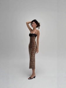 Elegant leopard print midi dress with black lace trim and slim fit spaghetti straps