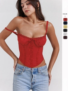Women Sexy Lace Patchwork Corset Top Satin Texture Camisole Lace-up Back Slim Fit Bustier Tank Top For Summer Party Clubwear