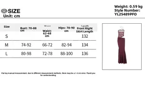 Comprehensive size chart for a shimmering off-shoulder party dress with fit measurements