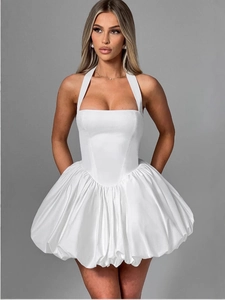 Chic white halter neck mini dress with fitted bodice and voluminous bubble hem skirt