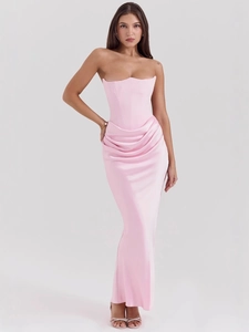 Pink off-the-shoulder corset maxi dress with shimmering satin fishtail silhouette