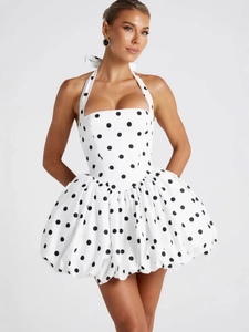 Chic white polka dot halter neck mini dress with voluminous bubble hem for women