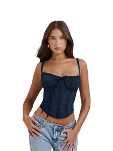 Navy blue lace corset top with thin straps and bow tie for summer fashion style