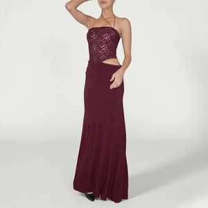 Detail of burgundy evening gown with lace bodice and side triangular cutout detail