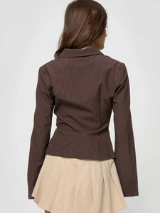 Classic brown striped slim-fit shirt with lapel collar and long sleeves for women