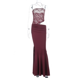 Detail of burgundy floral lace crop top and high slit maxi skirt for women party wear