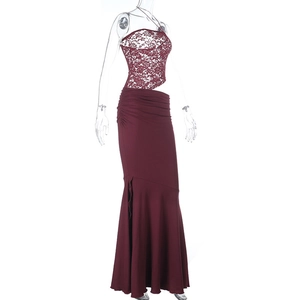 Detail view of burgundy lace crop top and slim-fit high slit dress with ruching details