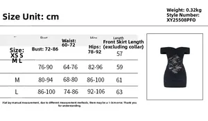 Detailed size chart for black off-the-shoulder party dress with lace detail in centimeters
