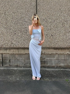 Robe Maxi Sexy Dos Nu Fleurs 3D en Maille pour Femmes Couleur Unie Plissée Ajourée Dos Nu Soirée Fête Robe Coupe Ajustée