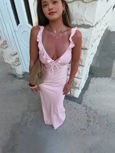Robe Maxi en Satin Rose Style Français Femmes Sexy Col en V Volants Dos Nu Bretelles Spaghetti Vacances Fête Robe Longue