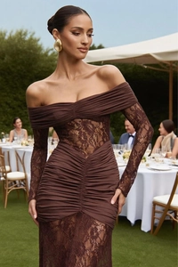 Detail of off-shoulder ruched dress with lace sleeves and brown floral embroidery texture