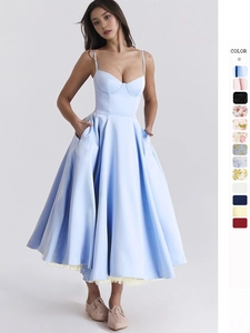 Robe Longue Bustier en Satin Français Élégante Doublure en Maille Poches Femme Vintage Florale Soirée