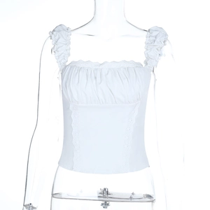 Close-up of white lace trim and ruched bust design on women's slim-fit crop top