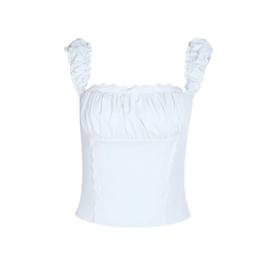 Detail of white eyelet lace stitching and ruched texture on cropped slim-fit top