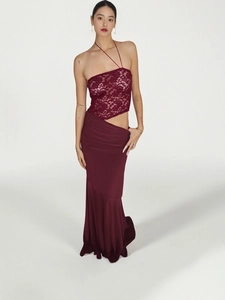 Elegant burgundy lace halter top and high-waist long skirt two-piece set for women