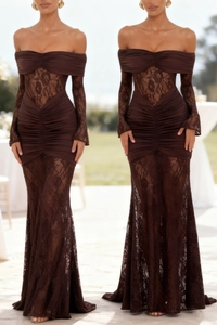 Detail view of brown off-shoulder lace dress with elegant ruching and floral patterns