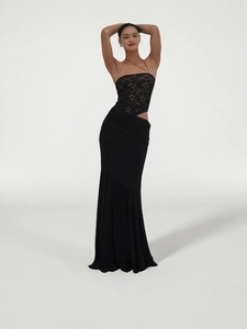 Elegant black lace off-shoulder two-piece evening dress with a slim fit mermaid skirt