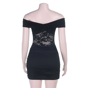 Detailed back view of black off-shoulder dress with floral lace and ruched texture
