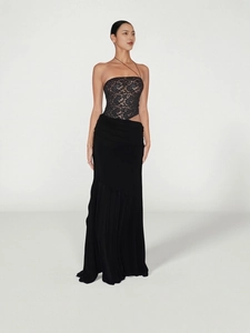 Elegant black off-the-shoulder maxi dress with lace bodice and side cut-outs for parties