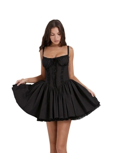 Sultry black corset mini dress with lace trim and lace-up bow detail for women