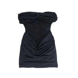 Detail of black off-shoulder dress featuring floral lace bodice and ruched mini skirt