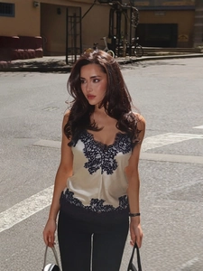 Women Sexy Satin Camisole With Black Lace Trim V Neck Backless Slim Fit Short Tank Top For Party Summer Casual Wear