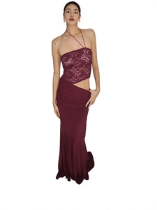 Elegant burgundy lace off-shoulder midi dress with side cutout and floral embroidery