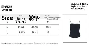 Detailed size chart for backless halter crop top with lace trim in black and white