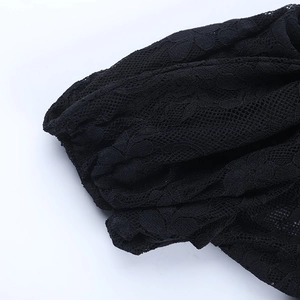 Close-up of black floral lace fabric with intricate cutout patterns and mesh texture
