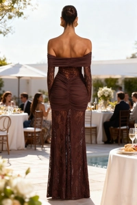 Detailed view of the dark brown ruched evening gown with elegant lace long sleeves and back