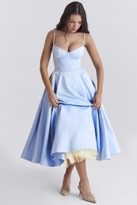 Elegant light blue satin double-layer dress with corset bodice and tulle petticoat