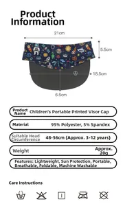 Size chart for kids printed sun visor with dimensions and care instructions