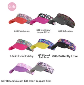 Detailed flat lay of eight patterned quick-dry sun visors for girls in various prints