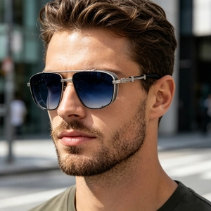 Detailed macro view of men's steampunk square sunglasses with blue gradient lenses