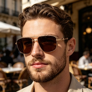 Detail showing the intricate golden steampunk frame and brown lenses of these men's sunglasses