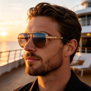 Detailed view of steampunk square sunglasses for men during sunset on luxury yacht