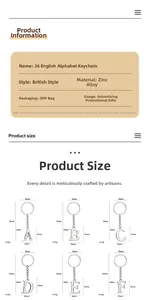 Detailed technical drawing with dimensions for Zinc Alloy alphabet keychain pendant