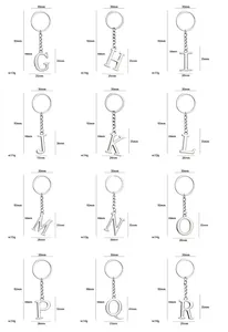 Size chart showing dimensions for G to R alphabet keychains with length and weight details