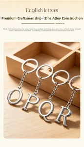 Polished zinc alloy O, P, Q, R letter keychains displayed on a rustic wooden grid tray