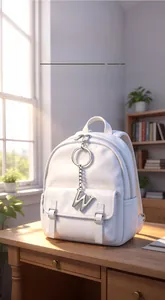 Close-up of a white leather backpack featuring a silver metal letter W keychain detail