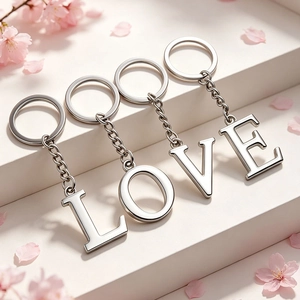 Polished silver metal LOVE letter keychain set on a decorative white display stand