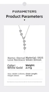 Detailed size specifications for S925 silver necklace with sparkling heart pendant stones