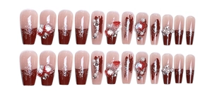 Detail of 24pcs long coffin press-on nails with 3D white roses, pearls and red gradient