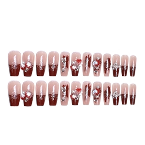 Long ballet press-on nails with red roses, pearls, and wine red gradient finish