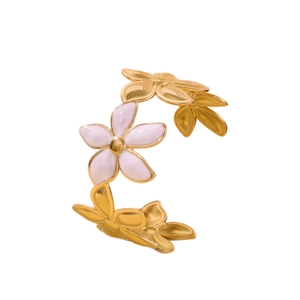 Elegant gold-plated floral open bangle with pink enamel petals for women