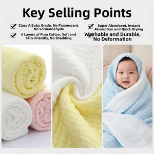Detail of 6-layer muslin cotton baby towel with quilted texture and soft absorbent gauze