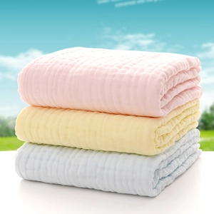 Three-pack cotton muslin baby towels in pastel pink, yellow and blue for newborn bath