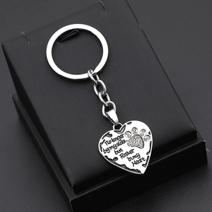 Silver heart keychain engraved with Forever in my Heart message and crystal pet paw