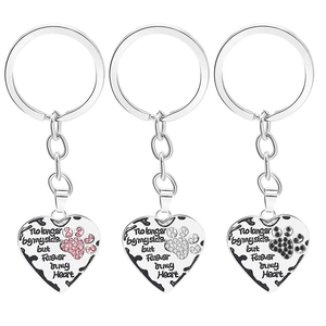 Set of three heart pet memorial keychains with colorful rhinestones and loving quotes