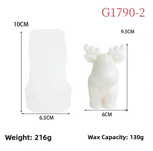Detailed size chart for reindeer silicone candle mold with dimensions and wax capacity